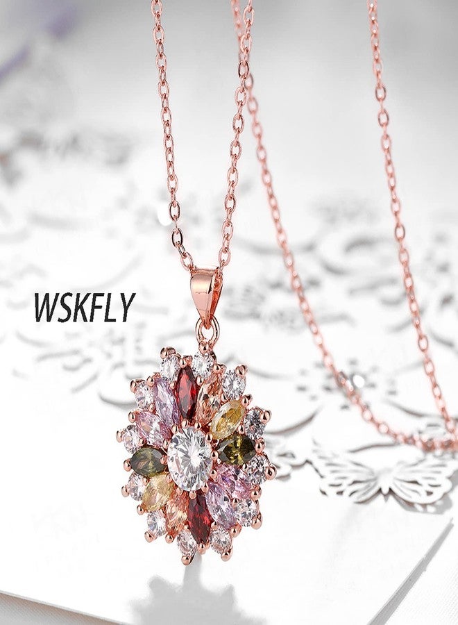 WSKFLY Colorful Snowflake Pendant Necklace, Rose Gold Plated Multi Gemstone Necklaces Marquise Cubic Zirconia Necklace for Women, 18+2 inch - Image 4
